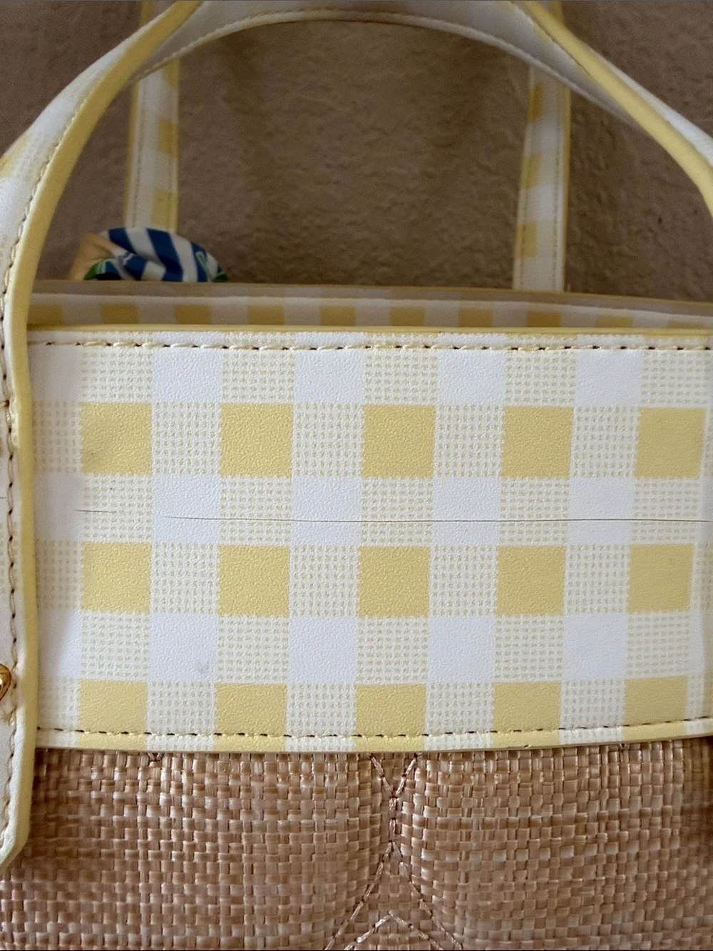 Betsy Johnson Yellow Check & Straw Tote Bag with Blue Lemon Scarf